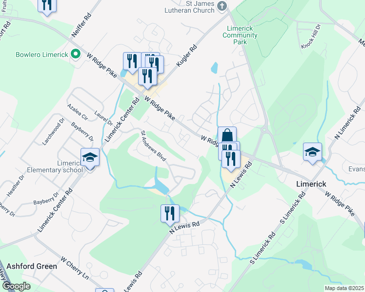 map of restaurants, bars, coffee shops, grocery stores, and more near 2404 Hunsberger Drive in Royersford