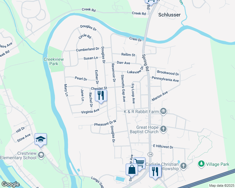 map of restaurants, bars, coffee shops, grocery stores, and more near 1919 Reservoir Drive in Carlisle