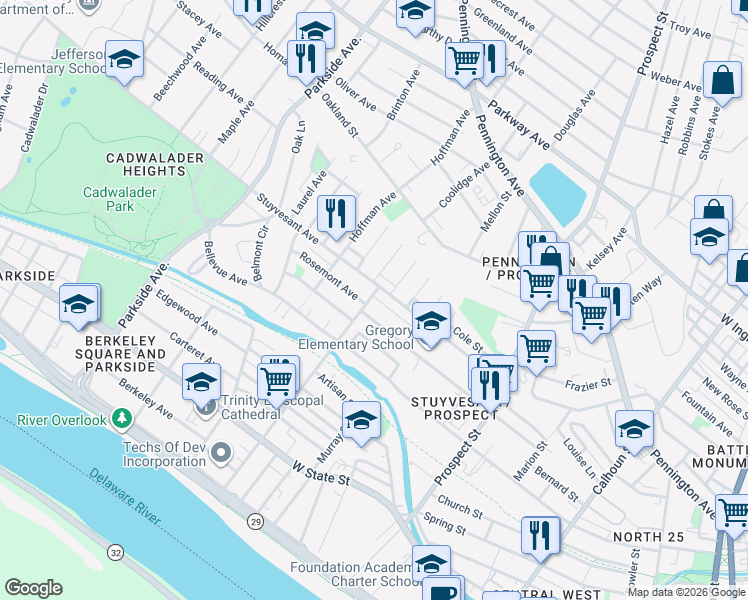 map of restaurants, bars, coffee shops, grocery stores, and more near 586 Rutherford Avenue in Trenton