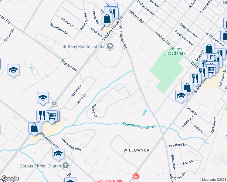 map of restaurants, bars, coffee shops, grocery stores, and more near 1173 Hill Road in Lansdale