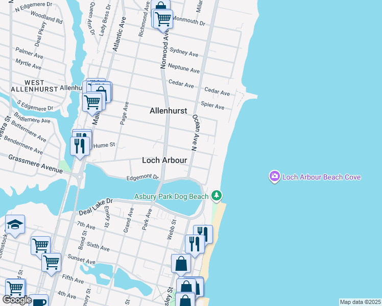 map of restaurants, bars, coffee shops, grocery stores, and more near 100 Elberon Avenue in Allenhurst