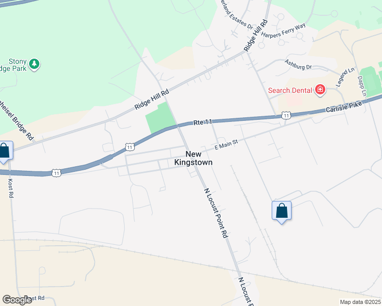 map of restaurants, bars, coffee shops, grocery stores, and more near 11 West Main Street in New Kingstown