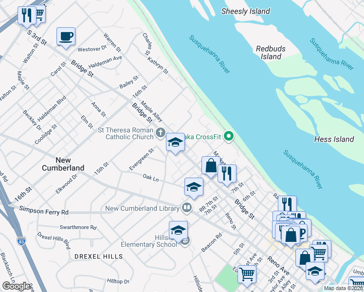 map of restaurants, bars, coffee shops, grocery stores, and more near 1117 Bridge Street in New Cumberland