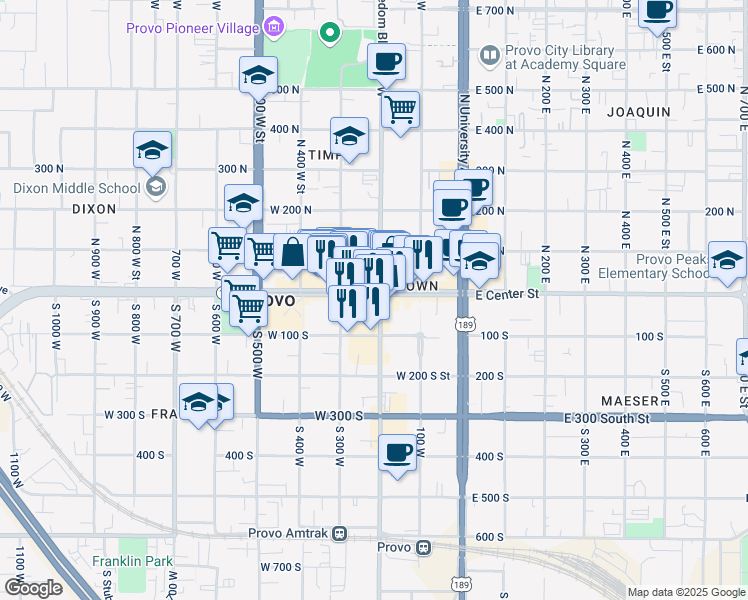 map of restaurants, bars, coffee shops, grocery stores, and more near 244 West 100 South in Provo