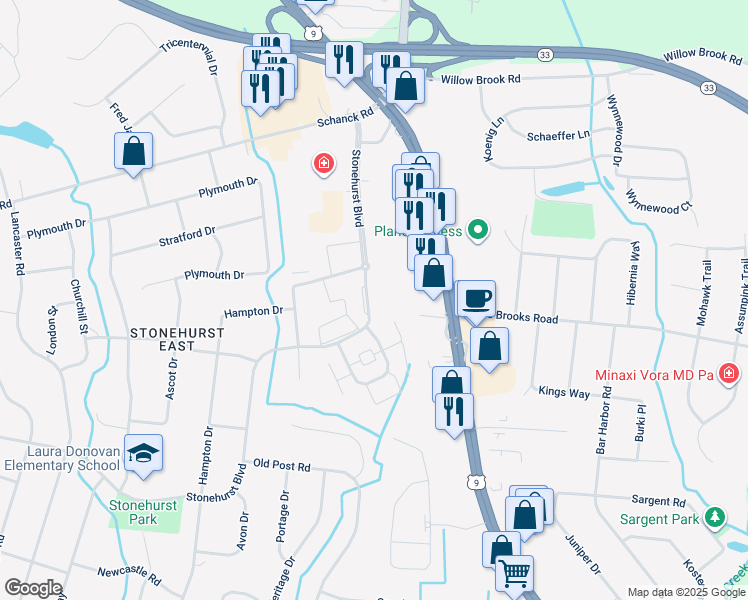map of restaurants, bars, coffee shops, grocery stores, and more near 63 Stonehurst Boulevard in Freehold