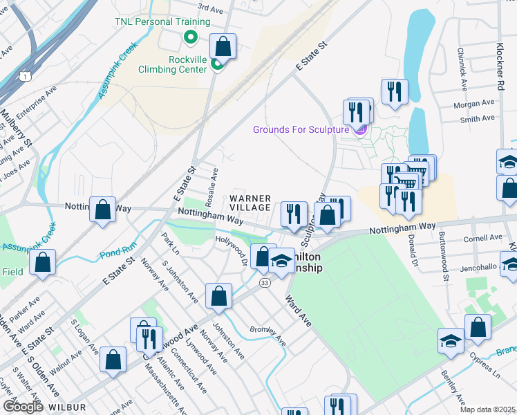 map of restaurants, bars, coffee shops, grocery stores, and more near 8 Wilbur Court in Hamilton Township