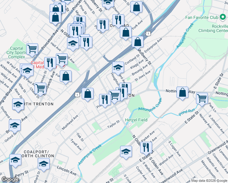 map of restaurants, bars, coffee shops, grocery stores, and more near 602 North Olden Avenue in Trenton