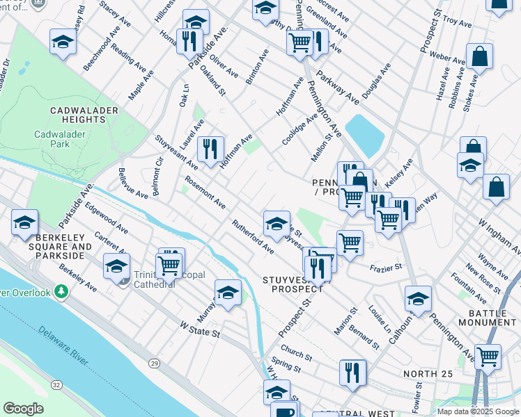 map of restaurants, bars, coffee shops, grocery stores, and more near 616 Stuyvesant Avenue in Trenton