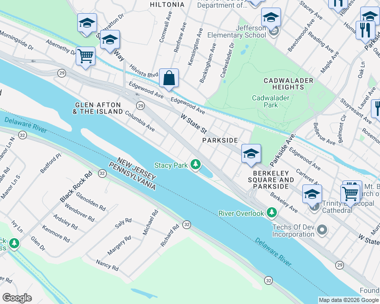 map of restaurants, bars, coffee shops, grocery stores, and more near 1418 Riverside Drive in Trenton