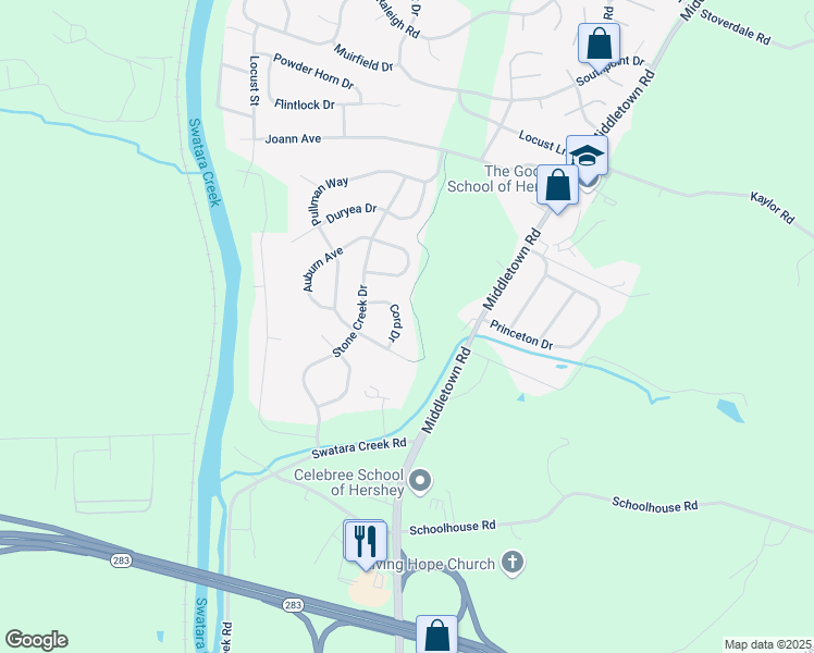 map of restaurants, bars, coffee shops, grocery stores, and more near 2464 Zell Court in Hummelstown