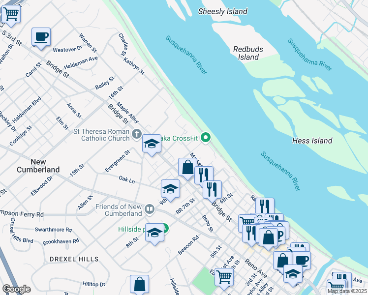 map of restaurants, bars, coffee shops, grocery stores, and more near 203 11th Street in New Cumberland