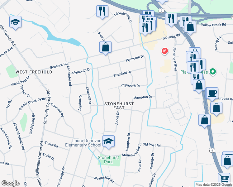 map of restaurants, bars, coffee shops, grocery stores, and more near 111 Ascot Drive in Freehold