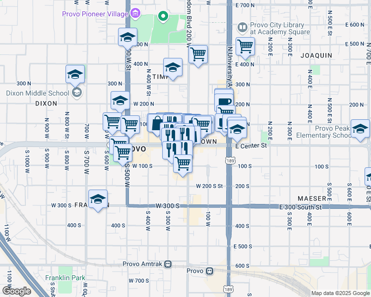 map of restaurants, bars, coffee shops, grocery stores, and more near 201 West Center Street in Provo