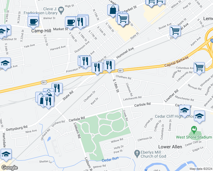 map of restaurants, bars, coffee shops, grocery stores, and more near 1812 Chatham Drive in Camp Hill