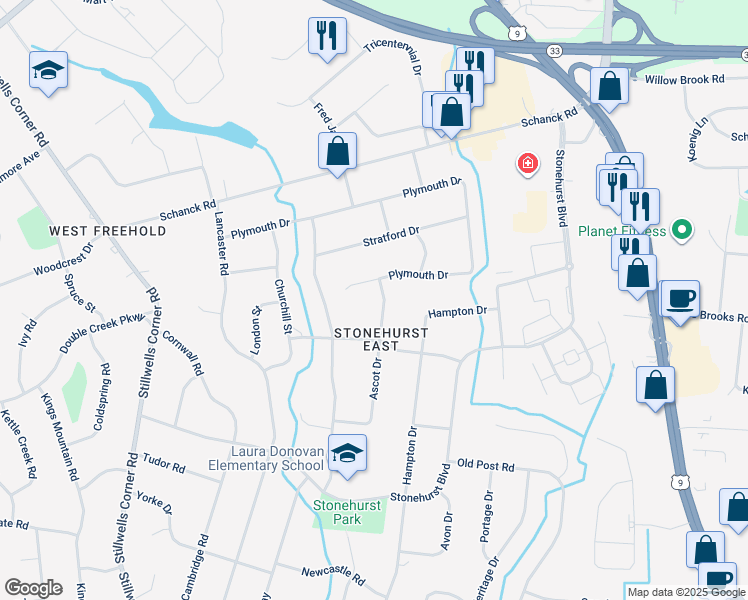 map of restaurants, bars, coffee shops, grocery stores, and more near 111 Ascot Drive in Freehold