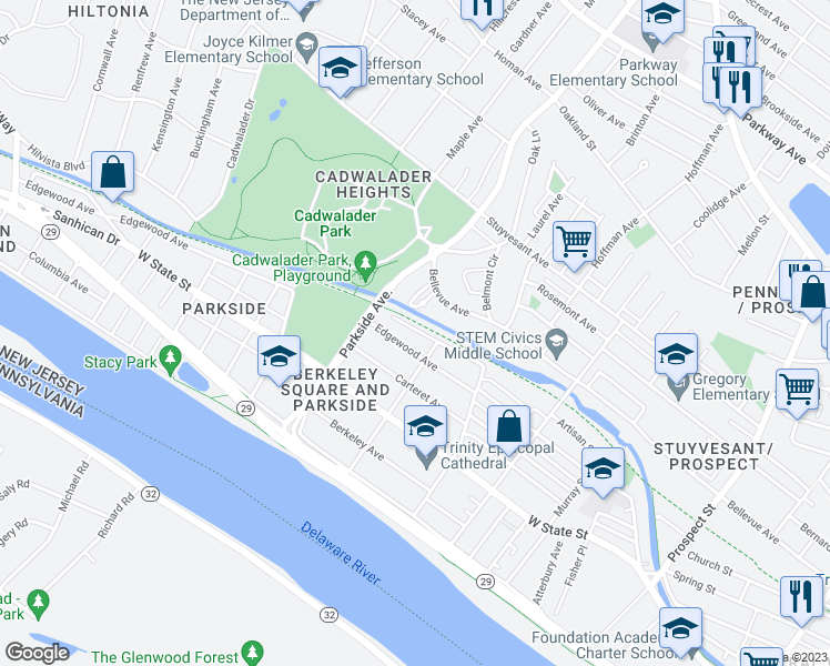 map of restaurants, bars, coffee shops, grocery stores, and more near 199 Niagara Alley in Trenton