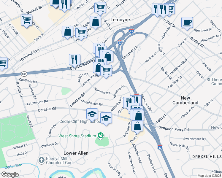 map of restaurants, bars, coffee shops, grocery stores, and more near 301 Norman Road in Camp Hill
