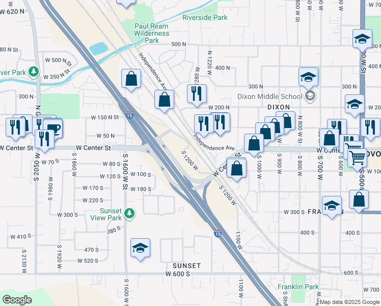 map of restaurants, bars, coffee shops, grocery stores, and more near 1305 West Center Street in Provo