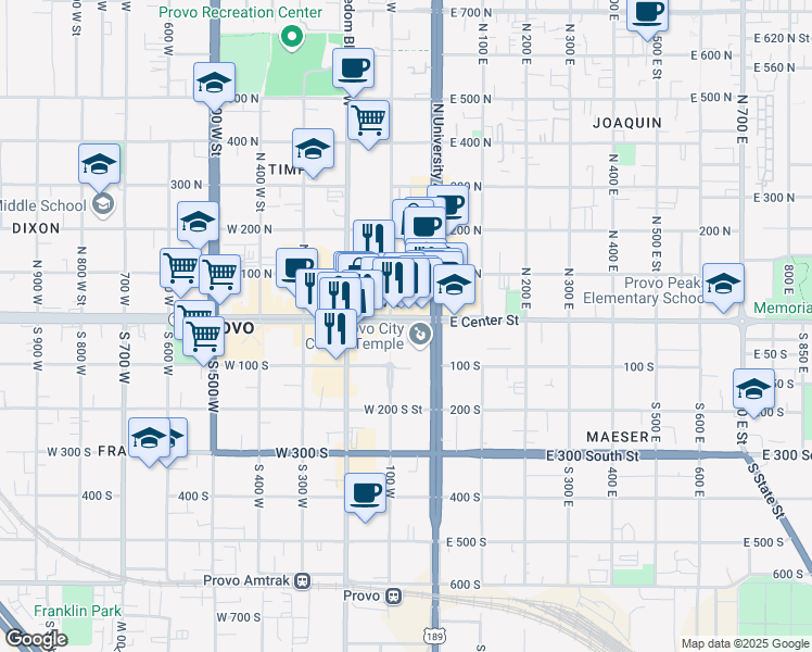 map of restaurants, bars, coffee shops, grocery stores, and more near 63 West Center Street in Provo