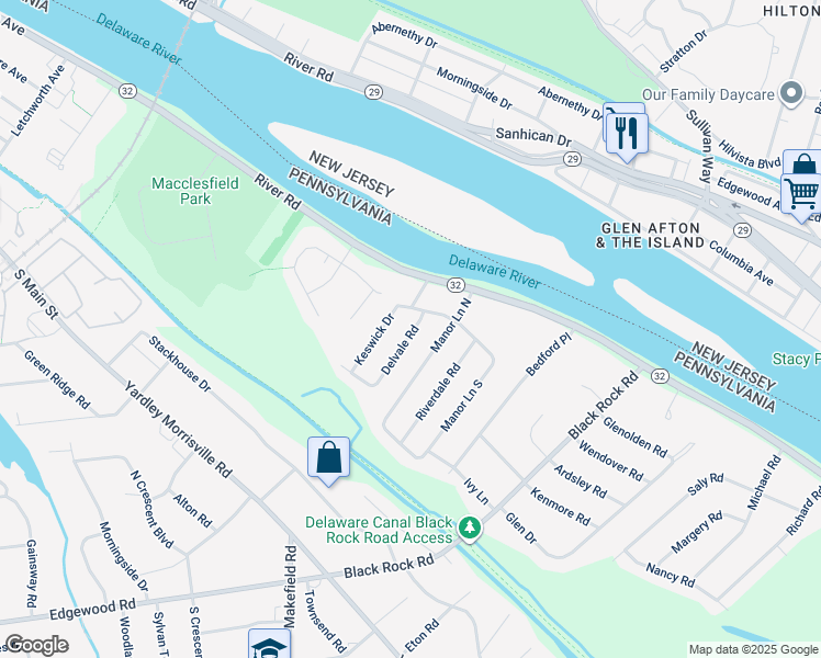 map of restaurants, bars, coffee shops, grocery stores, and more near 518 Delvale Road in Yardley