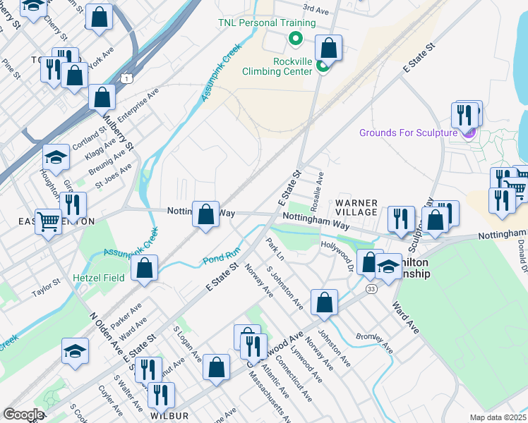 map of restaurants, bars, coffee shops, grocery stores, and more near 1130 Nottingham Way in Hamilton Township