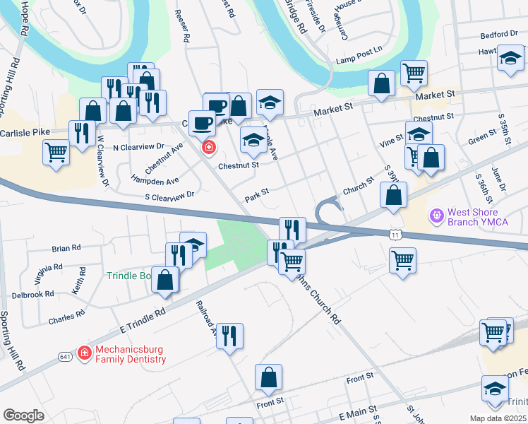 map of restaurants, bars, coffee shops, grocery stores, and more near 9 Oakwood Circle in Camp Hill