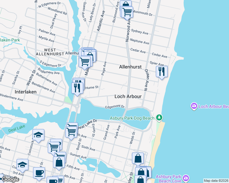 map of restaurants, bars, coffee shops, grocery stores, and more near 308 Euclid Avenue in Allenhurst