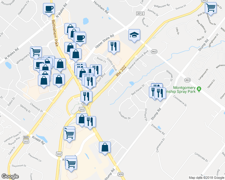 map of restaurants, bars, coffee shops, grocery stores, and more near 101 Anthony Court in North Wales