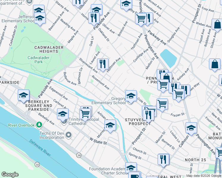 map of restaurants, bars, coffee shops, grocery stores, and more near 405 North Hermitage Avenue in Trenton