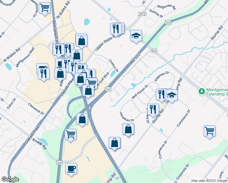 map of restaurants, bars, coffee shops, grocery stores, and more near 101 Anthony Court in North Wales