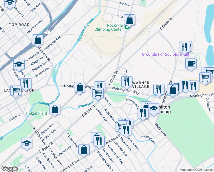 map of restaurants, bars, coffee shops, grocery stores, and more near 1150 Nottingham Way in Trenton