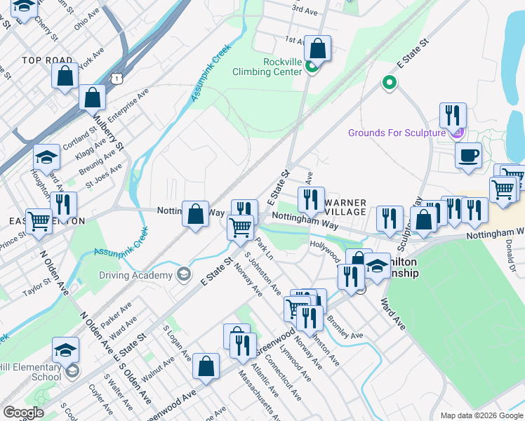 map of restaurants, bars, coffee shops, grocery stores, and more near 1150 Nottingham Way in Trenton