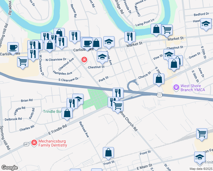 map of restaurants, bars, coffee shops, grocery stores, and more near 9 Oakwood Circle in Camp Hill