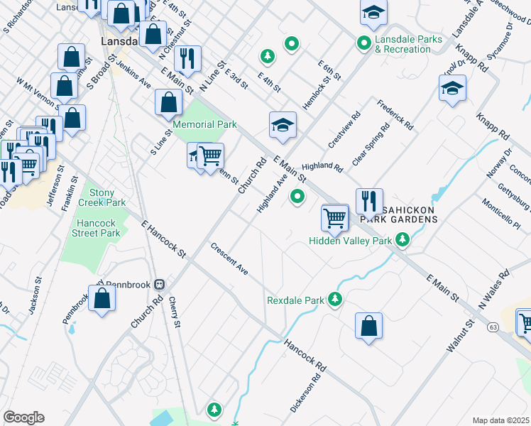 map of restaurants, bars, coffee shops, grocery stores, and more near 119 Highland Avenue in Lansdale