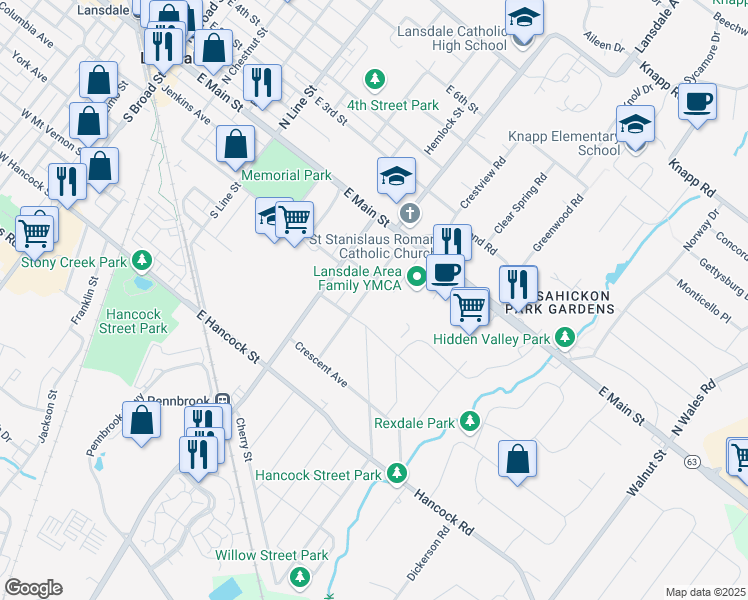 map of restaurants, bars, coffee shops, grocery stores, and more near 119 Highland Avenue in Lansdale