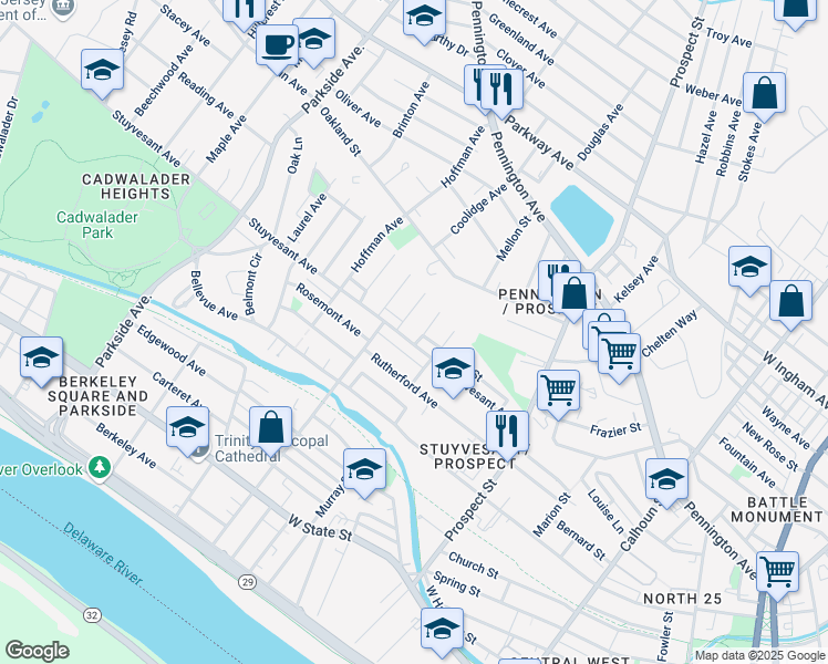 map of restaurants, bars, coffee shops, grocery stores, and more near 616 Stuyvesant Avenue in Trenton