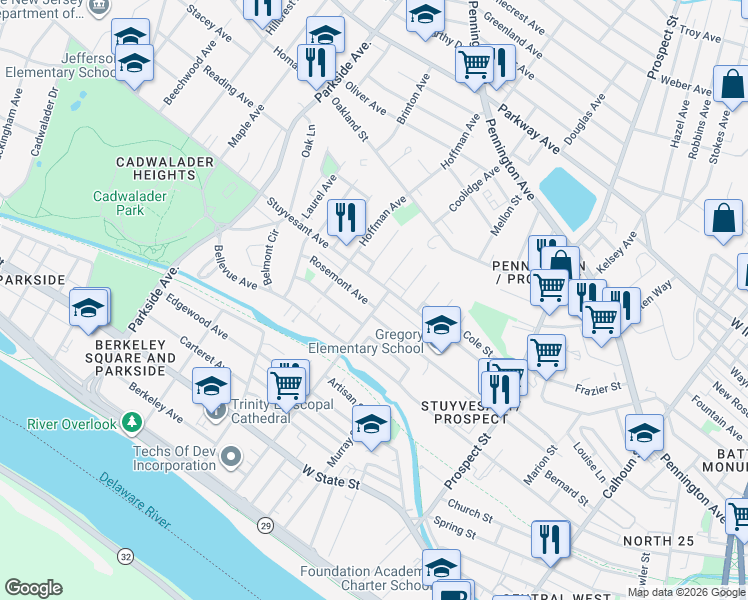 map of restaurants, bars, coffee shops, grocery stores, and more near 405 North Hermitage Avenue in Trenton