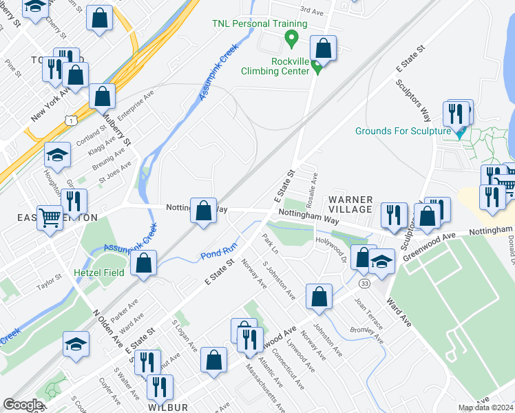 map of restaurants, bars, coffee shops, grocery stores, and more near 1120 Nottingham Way in Trenton
