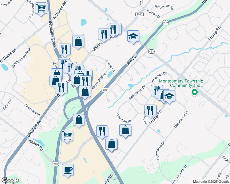 map of restaurants, bars, coffee shops, grocery stores, and more near 401 Anthony Court in North Wales