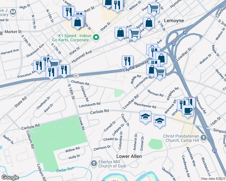 map of restaurants, bars, coffee shops, grocery stores, and more near 1501 Chatham Road in Camp Hill