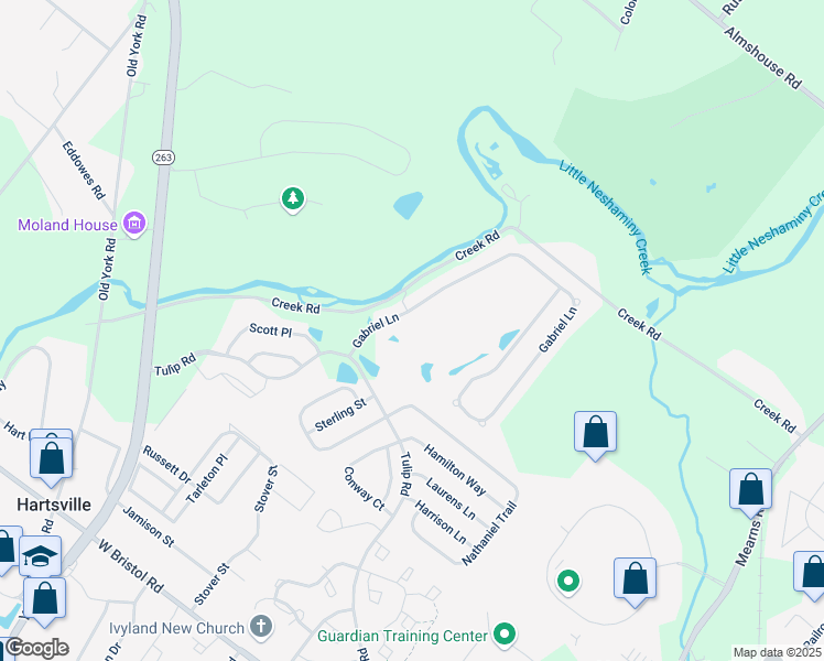 map of restaurants, bars, coffee shops, grocery stores, and more near 1336 Gabriel Lane in Warminster