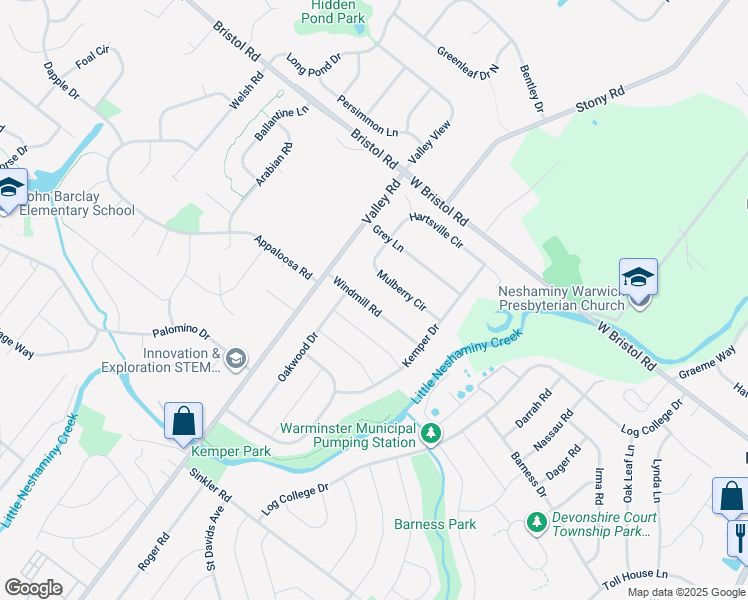 map of restaurants, bars, coffee shops, grocery stores, and more near 1563 Windmill Road in Warminster