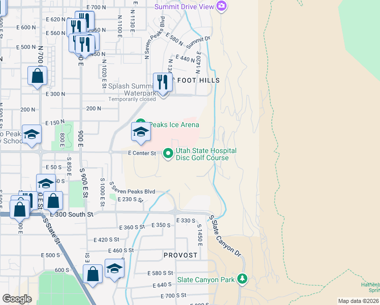 map of restaurants, bars, coffee shops, grocery stores, and more near 1500 East Center Street in Provo