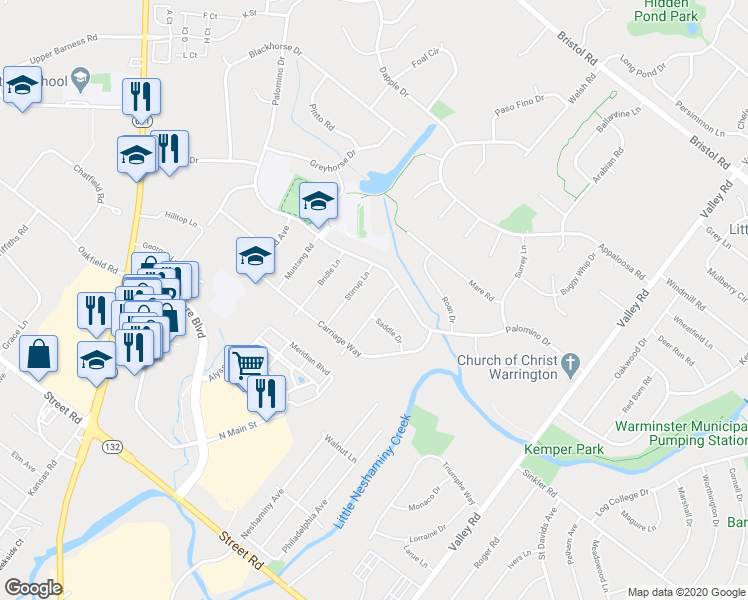 map of restaurants, bars, coffee shops, grocery stores, and more near 880 Stallion Road in Warrington