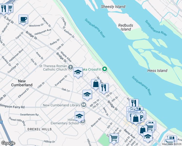 map of restaurants, bars, coffee shops, grocery stores, and more near 1120 Market Street in New Cumberland
