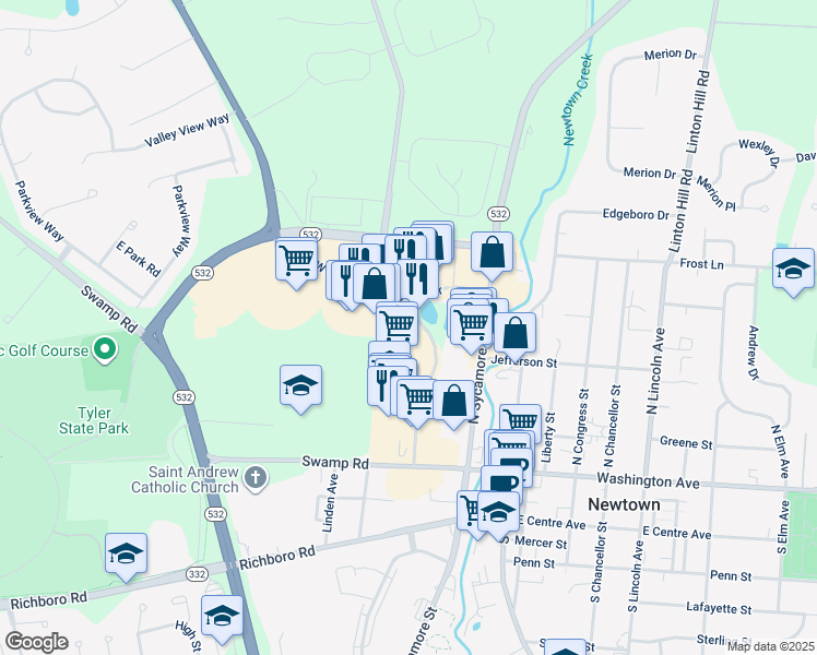 map of restaurants, bars, coffee shops, grocery stores, and more near 2700 South Eagle Road in Newtown
