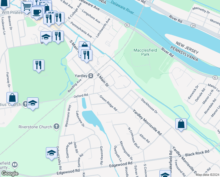 map of restaurants, bars, coffee shops, grocery stores, and more near 303 South Main Street in Yardley