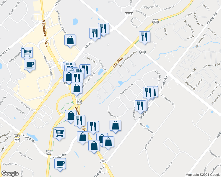 map of restaurants, bars, coffee shops, grocery stores, and more near 205 Jene Court in North Wales