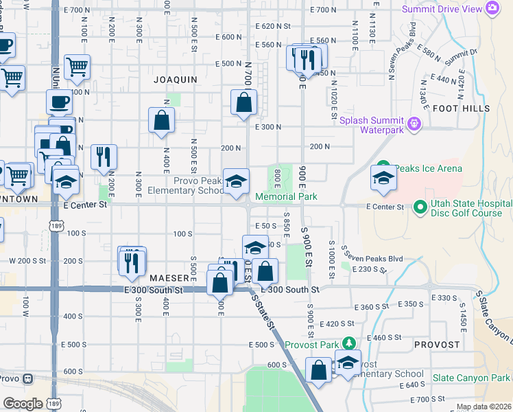 map of restaurants, bars, coffee shops, grocery stores, and more near East Center Street in Provo