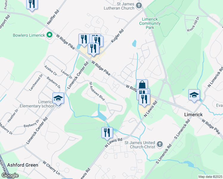 map of restaurants, bars, coffee shops, grocery stores, and more near 2202 Hunsberger Drive in Royersford